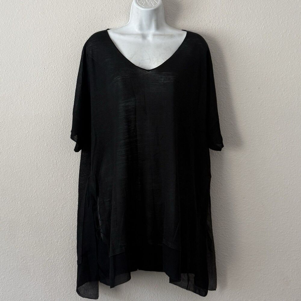 Eileen Fisher 100% Silk Tunic Blouse Size XL Black Flowy Top Slit-Side Lagenlook